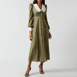 Rochie Garcelina verde cu guler lat si imprimeu floral