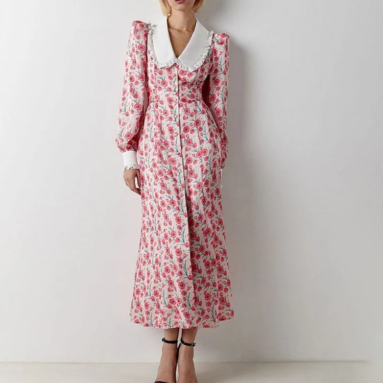 Rochie Garcela roz cu guler lat si imprimeu floral