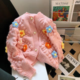 Jerseu tricotat Albertine roz cu nasturi eleganti si detalii florale