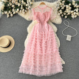 Rochie Arianne roz din tulle cu volanase