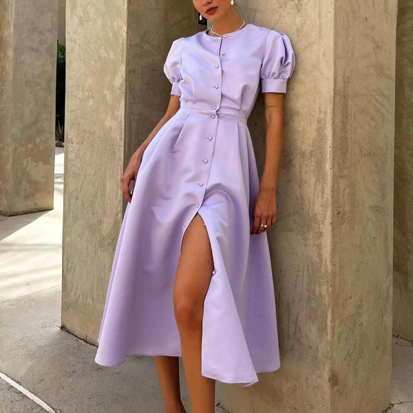 Rochie Afra mov cu nasturi tip perle si maneci bufante