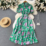 Rochie Gamma verde inchis cu imprimeu floral si curea accesorizata