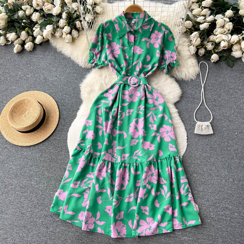Rochie Gamma verde inchis cu imprimeu floral si curea accesorizata