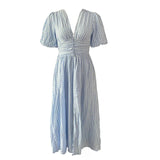 Rochie Ondine albastra cu maneci scurte bufante si material texturat