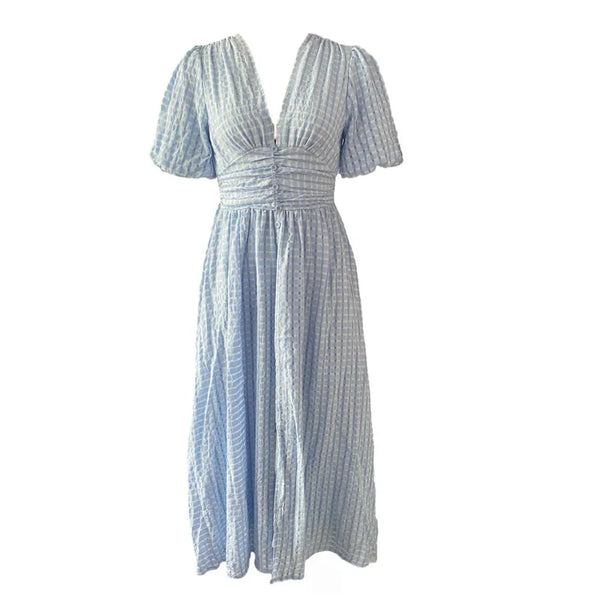 Rochie Ondine albastra cu maneci scurte bufante si material texturat