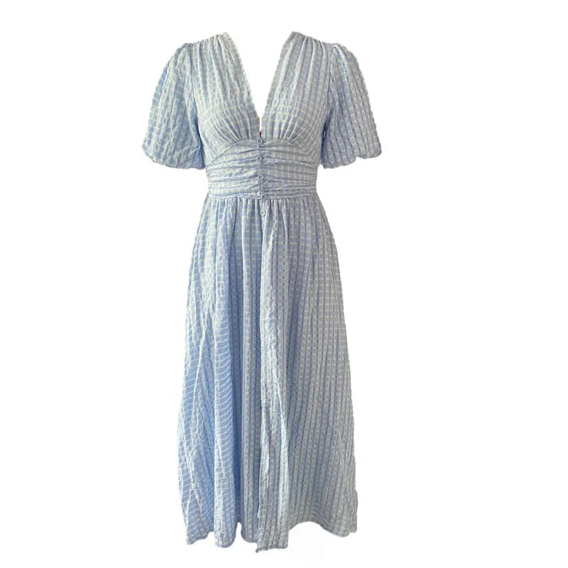 Rochie Ondine albastra cu maneci scurte bufante si material texturat