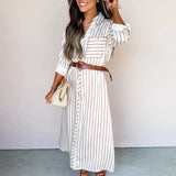 Rochie Shayla cu imprimeu in dungi si curea in talie