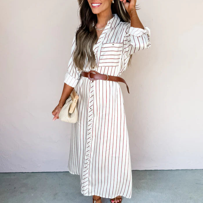 Rochie Shayla cu imprimeu in dungi si curea in talie