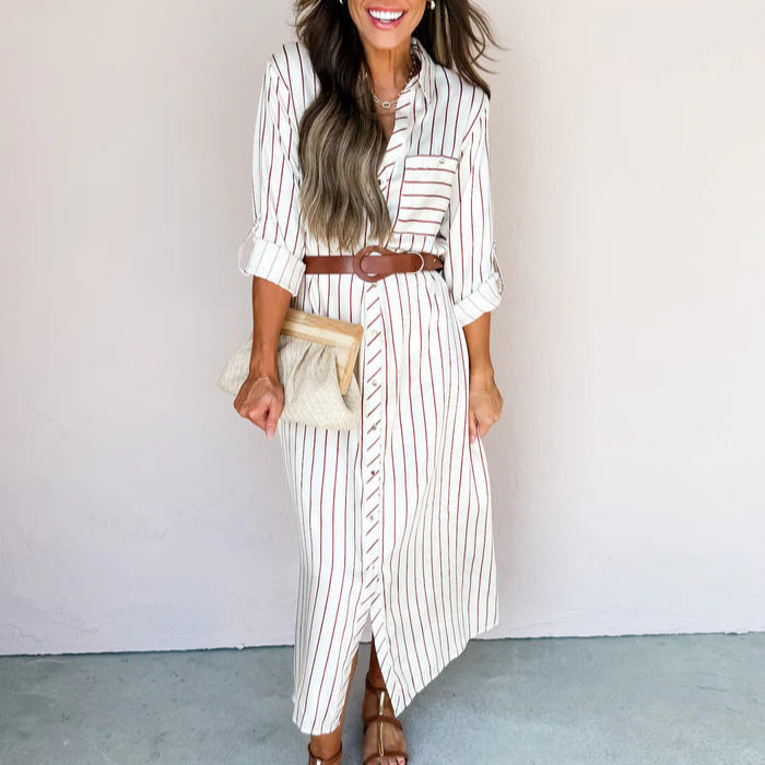 Rochie Shayla cu imprimeu in dungi si curea in talie