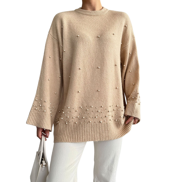 Pulover Oceane bej din tricot accesorizat cu perle