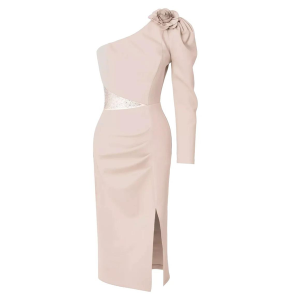 Rochie Rissy roz pudra cu fermoar ascuns si crapatura laterala