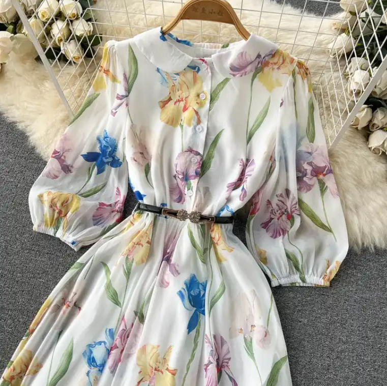Rochie midi Alvada cu imprimeu floral si curea eleganta