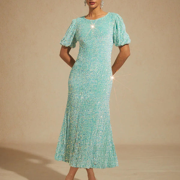 Rochie Lorien midi cu paiete si maneci scurte