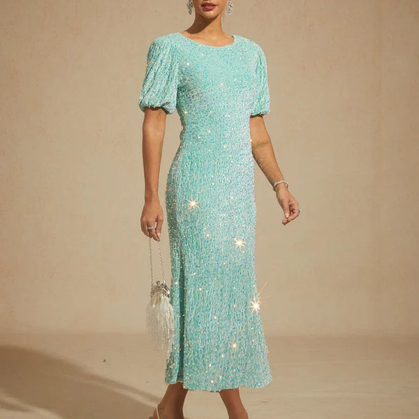 Rochie Lorien midi cu paiete si maneci scurte