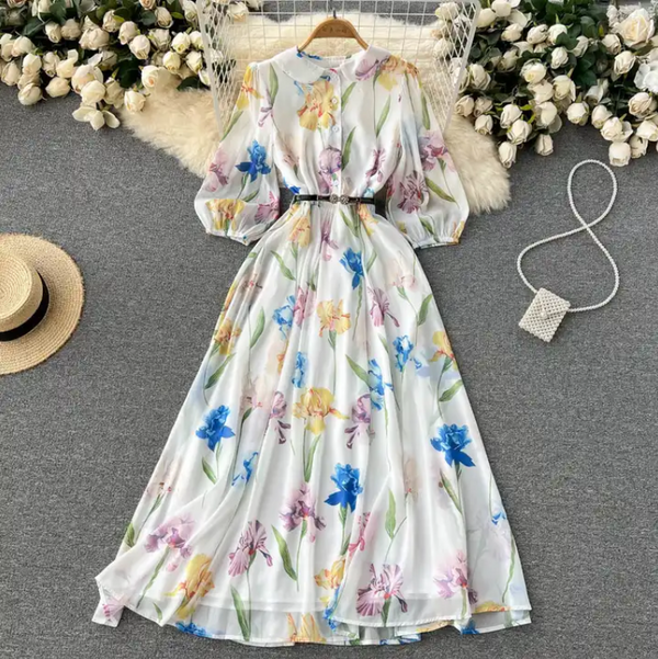 Rochie midi Alvada cu imprimeu floral si curea eleganta