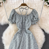 Rochie Nacca alba cu flori verzi si snur decorativ