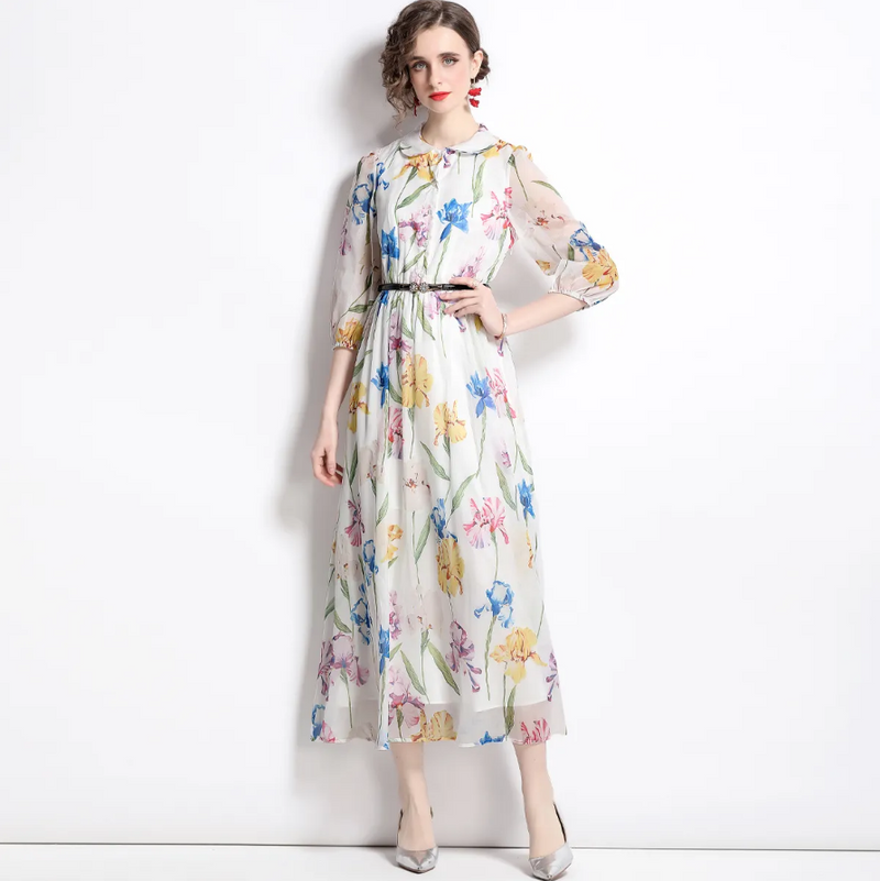 Rochie midi Alvada cu imprimeu floral si curea eleganta