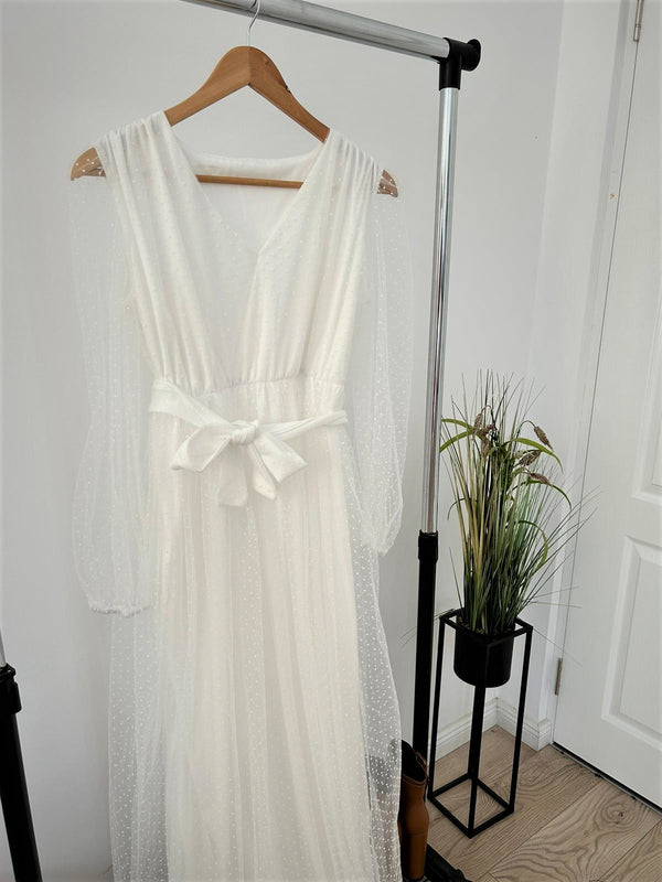 Rochie Dayanne alba din tulle cu imprimeu buline