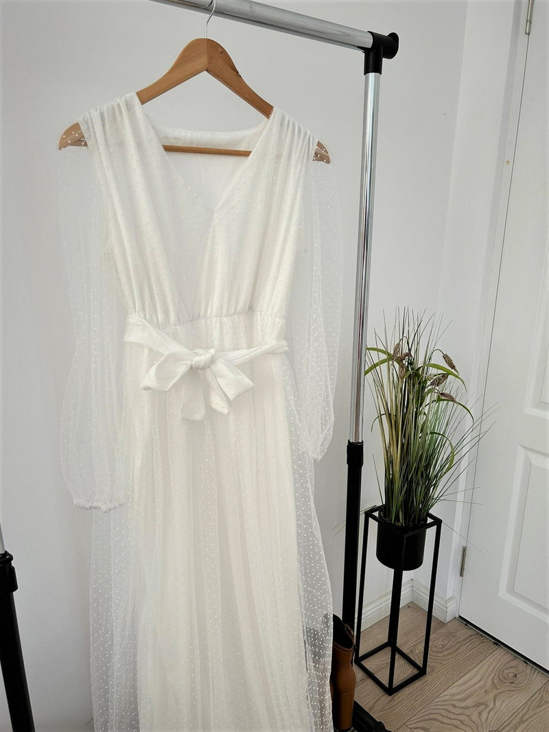 Rochie Dayanne alba din tulle cu imprimeu buline