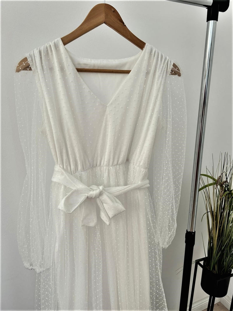 Rochie Dayanne alba din tulle cu imprimeu buline