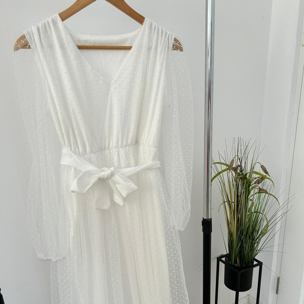 Rochie Dayanne alba din tulle cu imprimeu buline