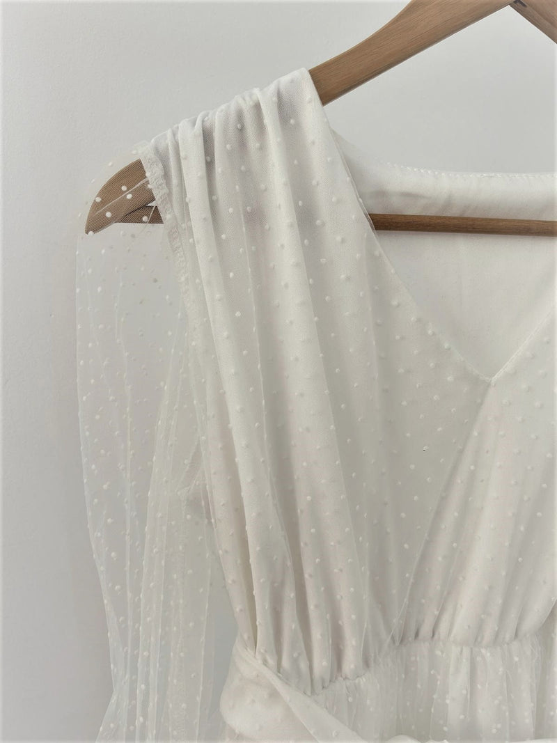 Rochie Dayanne alba din tulle cu imprimeu buline