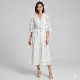 Rochie Cassy cu broderie florala si maneci tip clopot