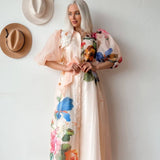 Rochie maxi Peonia din organza cu imprimeu floral