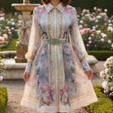 Rochie tip camasa Bethy cu imprimeu floral, curea inclusa