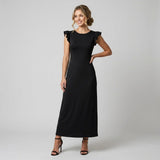 Rochie Sienna neagra cu volanase la umeri si fermoar ascuns la spate