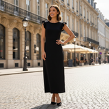 Rochie Sienna neagra cu volanase la umeri si fermoar ascuns la spate