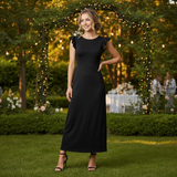Rochie Sienna neagra cu volanase la umeri si fermoar ascuns la spate