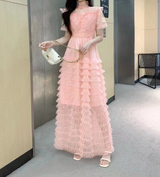 Rochie Arianne roz din tulle cu volanase