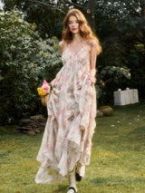 Rochie midi Maldes cu imprimeu floral si panglici