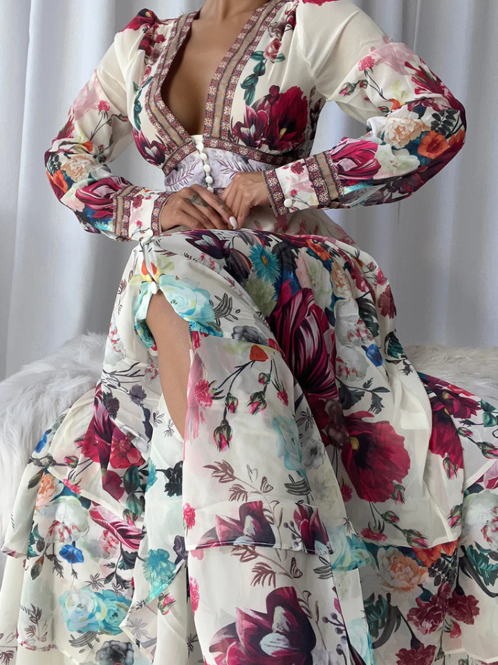 Rochie Oshea crem cu nasturi si imprimeu floral