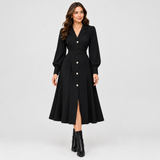Rochie Athalia neagra, cu curea in talie si mansete cu nasturi