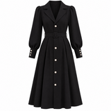 Rochie Athalia neagra, cu curea in talie si mansete cu nasturi