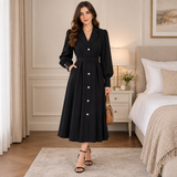 Rochie Athalia neagra, cu curea in talie si mansete cu nasturi