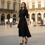 Rochie Codrinne neagra plisata, cu nasturi in fata si cordon accesorizat