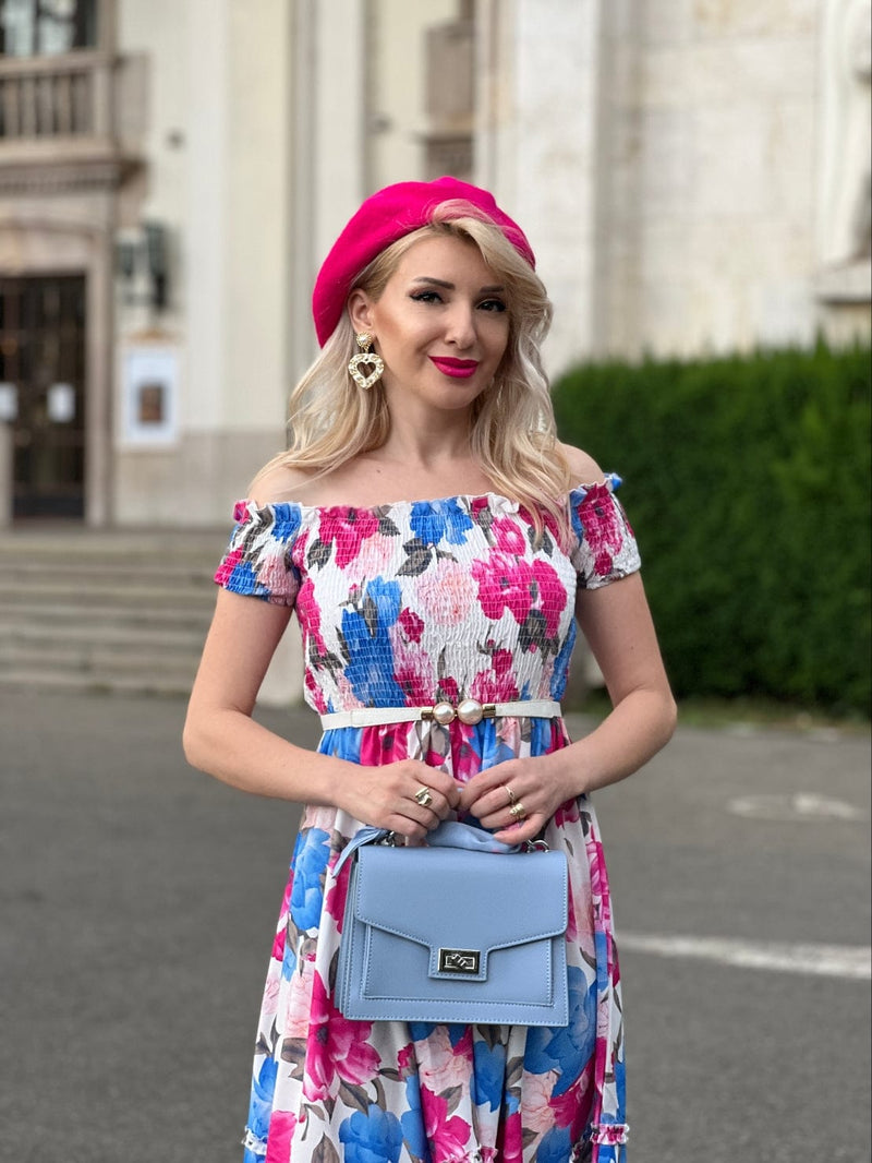 Rochie Marilyn roz cu imprimeu floral si croi asimetric