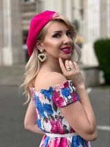 Rochie Marilyn roz cu imprimeu floral si croi asimetric