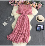 Rochie roz Mirona din dantela, cu maneci scurte si curea accesorizata