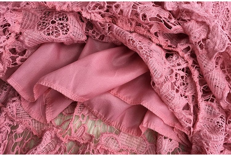 Rochie roz Mirona din dantela, cu maneci scurte si curea accesorizata