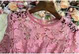Rochie roz Mirona din dantela, cu maneci scurte si curea accesorizata