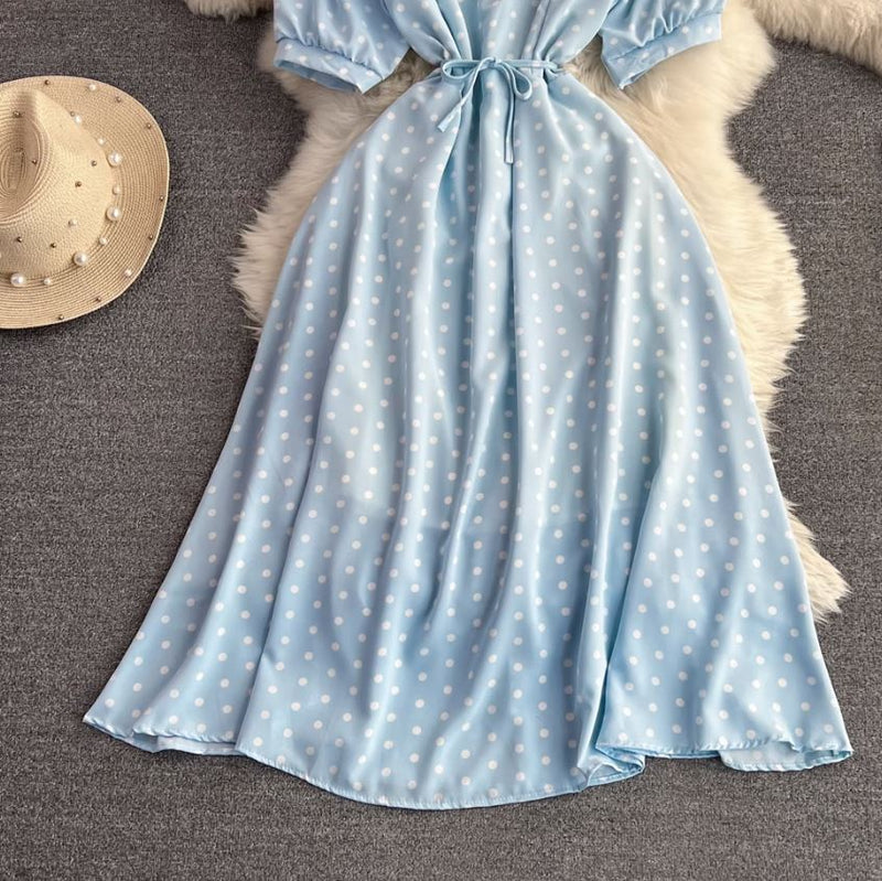 Rochie Amedia albastra cu imprimeu buline si guler dublu