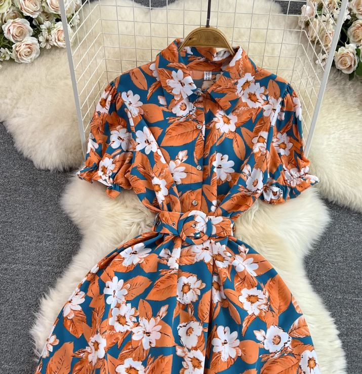 Rochie Gamma albastru petrol cu imprimeu floral si curea accesorizata