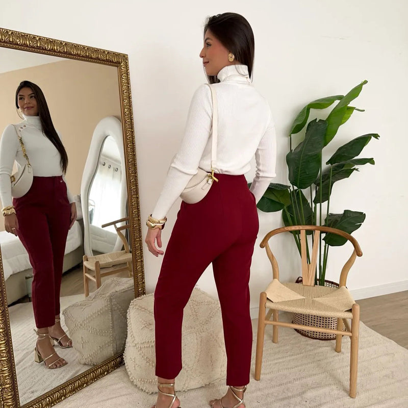 Pantaloni Jemma visini cu talie inalta, croiala conica si pense