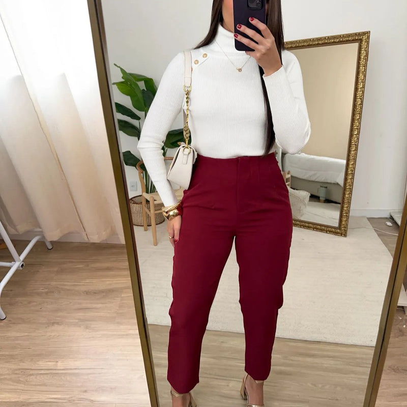 Pantaloni Jemma visini cu talie inalta, croiala conica si pense