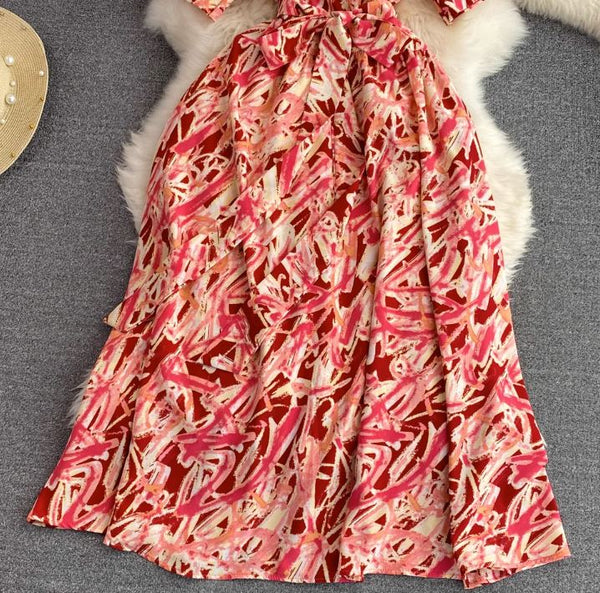 Rochie Onissia rosie cu imprimeu si cordon accesorizat