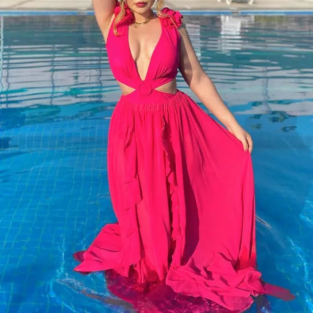Set Minda roz compus din costum de baie si fusta lunga vaporoasa